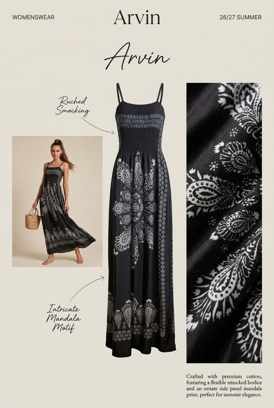 Woman’s Black Mandala Print Smocked Bodice Maxi Dress #B37